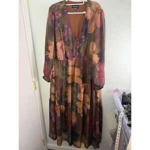 Isabel & Nina Women 22W Floral Mesh Maxi Dress V-Neck Tiered Long Sleeve Brown
